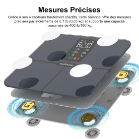 Balance Impédancemètre Connectée avec Grand Écran – 15 Mesures de Santé, Modes Multiples, Compatible App