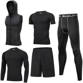 Ensemble de Compression Fitness Homme 5 Pièces Noires - Haut, Chemise, Leggings, Short pour Entraînement et Course