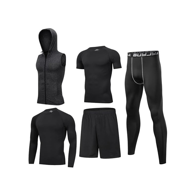 Ensemble de Compression Fitness Homme 5 Pièces Noires - Haut, Chemise, Leggings, Short pour Entraînement et Course