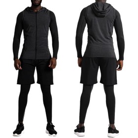 Ensemble de Compression Fitness Homme 5 Pièces Noires - Haut, Chemise, Leggings, Short pour Entraînement et Course