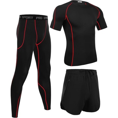 Ensemble Compression Homme 3 Pièces Noir- Tee Shirt, Legging, Pantalon de Sport pour Fitness