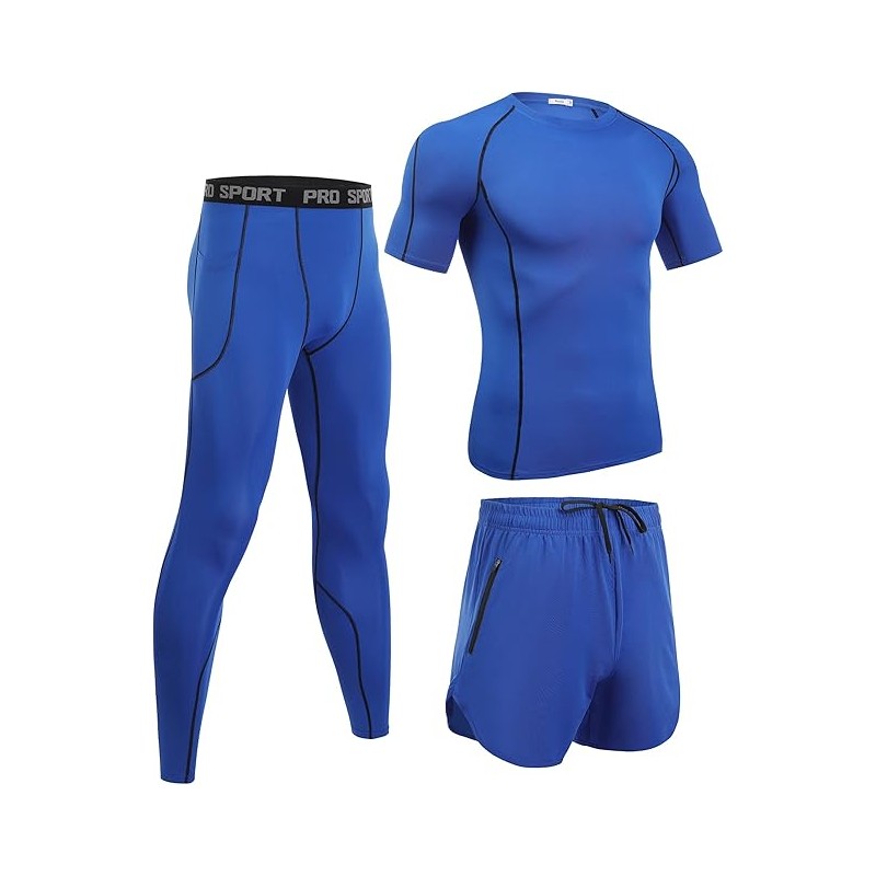 Ensemble Compression Homme 3 Pièces Bleu - Tee Shirt, Legging, Pantalon de Sport pour Fitness