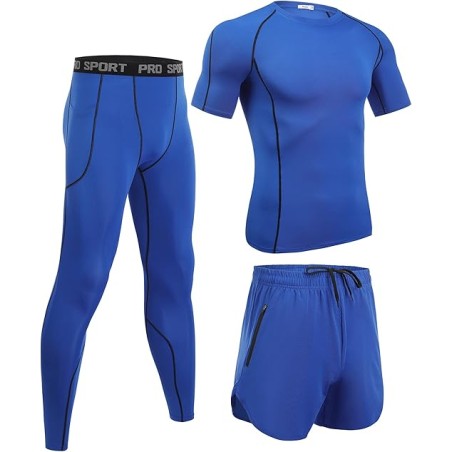 Ensemble Compression Homme 3 Pièces Bleu - Tee Shirt, Legging, Pantalon de Sport pour Fitness