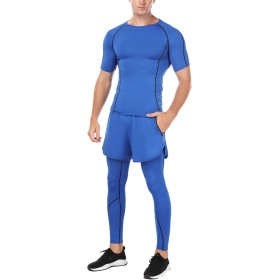 Ensemble Compression Homme 3 Pièces Bleu - Tee Shirt, Legging, Pantalon de Sport pour Fitness