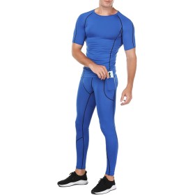 Ensemble Compression Homme 3 Pièces Bleu - Tee Shirt, Legging, Pantalon de Sport pour Fitness