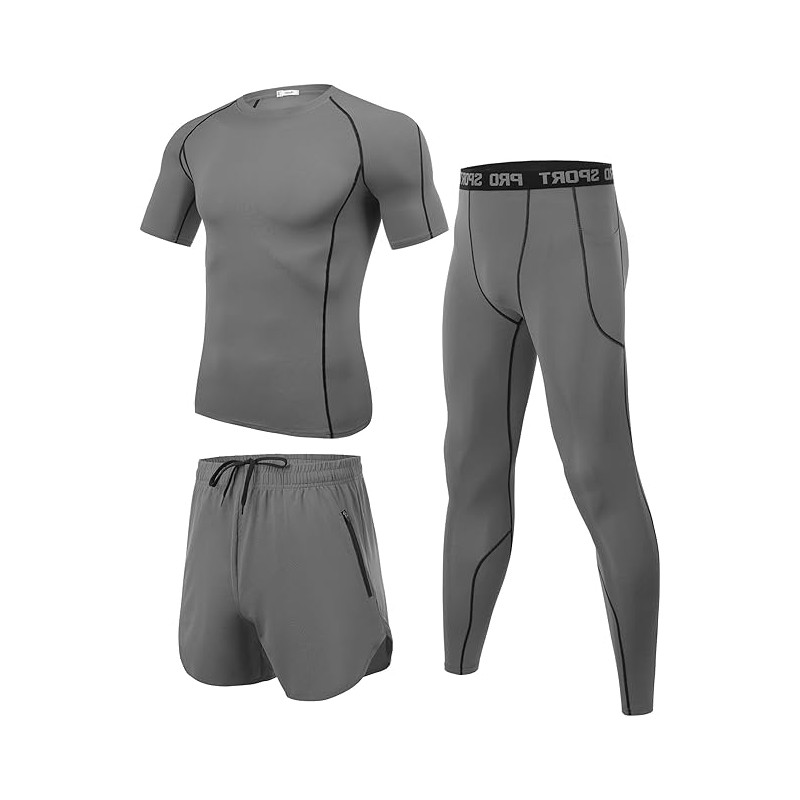 Ensemble Compression Homme 3 Pièces Gris - Tee Shirt, Legging, Pantalon de Sport pour Fitness