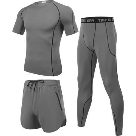 Ensemble Compression Homme 3 Pièces Gris - Tee Shirt, Legging, Pantalon de Sport pour Fitness