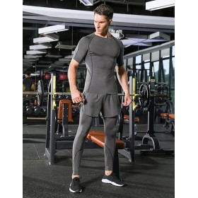 Ensemble Compression Homme 3 Pièces Gris - Tee Shirt, Legging, Pantalon de Sport pour Fitness