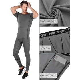 Ensemble Compression Homme 3 Pièces Gris - Tee Shirt, Legging, Pantalon de Sport pour Fitness