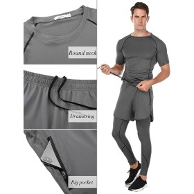 Ensemble Compression Homme 3 Pièces Gris - Tee Shirt, Legging, Pantalon de Sport pour Fitness