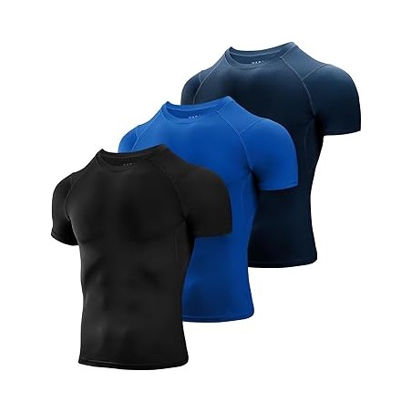 Lot de 3 Tee Shirts Compression Homme Noir, Bleu et Marine - Running, Fitness, Gym et Musculation