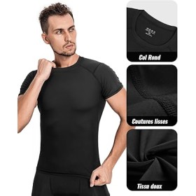 Tee Shirt Compression Homme Noir - Running, Fitness, Gym et Musculation