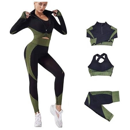 Legging de Sport Femme Taille Haute Noir, Vert - Confort Extensible pour Gym et Yoga