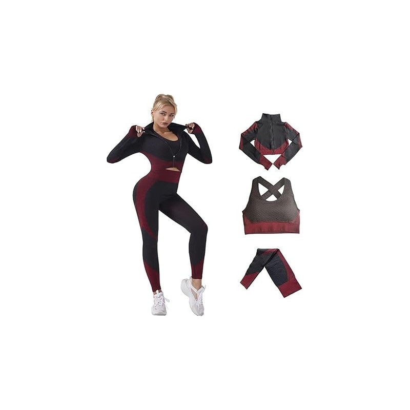 Ensemble Vêtement de Sport Femme 3 Pièces - Yoga et Fitness Set avec Soutien-Gorge Sport, Legging Taille Haute et Veste Zippée