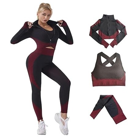 Ensemble Vêtement de Sport Femme 3 Pièces - Yoga et Fitness Set avec Soutien-Gorge Sport, Legging Taille Haute et Veste Zippée