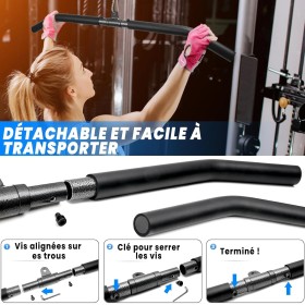 Barre de Tirage Musculation Triceps Biceps - Barre en Acier Noir, Détachable pour Poulie