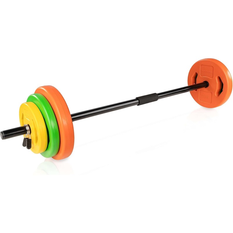 Haltère de Musculation Multicolore 15kg – Ensemble Complet avec 6 Disques de Ciment Colorés et Barre Divisible