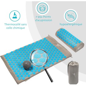 Kit d'Acupression XL - Tapis, Coussin, Boule de Massage Musculaire et Relaxation - gris-turquoise