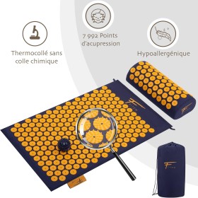 Kit d'Acupression XL - Tapis, Coussin, Boule de Massage Musculaire et Relaxation - Bleu-Orange