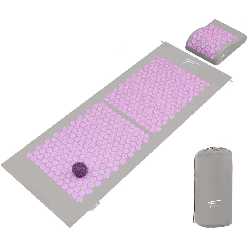 Kit d'Acupression XL - Tapis, Coussin, Boule de Massage Musculaire et Relaxation - Gris-Violet