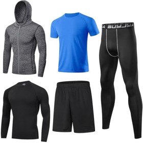 Ensemble de Compression Fitness Homme 5 Pièces - Haut, Chemise, Leggings, Short pour Entraînement et Course Cendre, Bleu