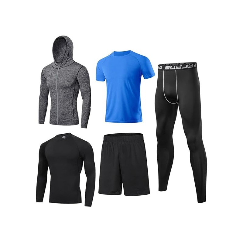 Ensemble de Compression Fitness Homme 5 Pièces - Haut, Chemise, Leggings, Short pour Entraînement et Course Cendre, Bleu