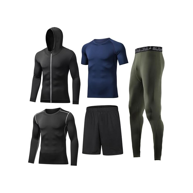 Ensemble de Compression Fitness Homme 5 Pièces - Haut, Chemise, Leggings, Short pour Entraînement et Course Bleu azur, Vert kaki