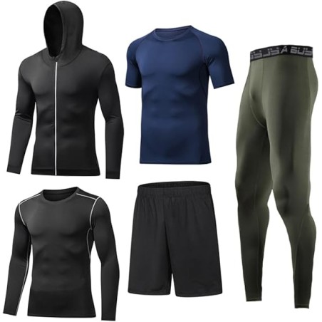 Ensemble de Compression Fitness Homme 5 Pièces - Haut, Chemise, Leggings, Short pour Entraînement et Course Bleu azur, Vert kaki